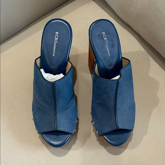 BCBGeneration Navy Leather Mules with Wooden Heel - Picture 2 of 10